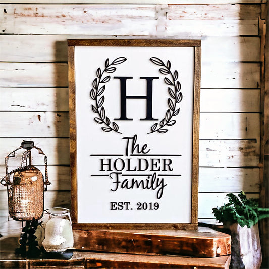 Family Name Monogram in Wreath EST Sign