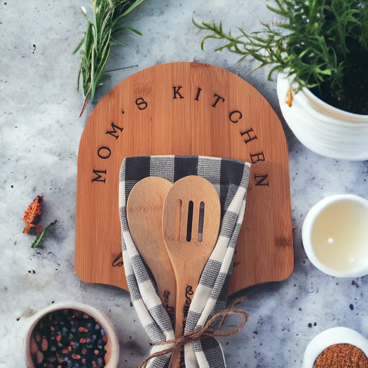 Mom's Kitchen Loved Served Daily Engraved Gift Set, Cutting Boards, wooden spoons, kitchen towel, Gift for mom, gift for her, kitchen gift