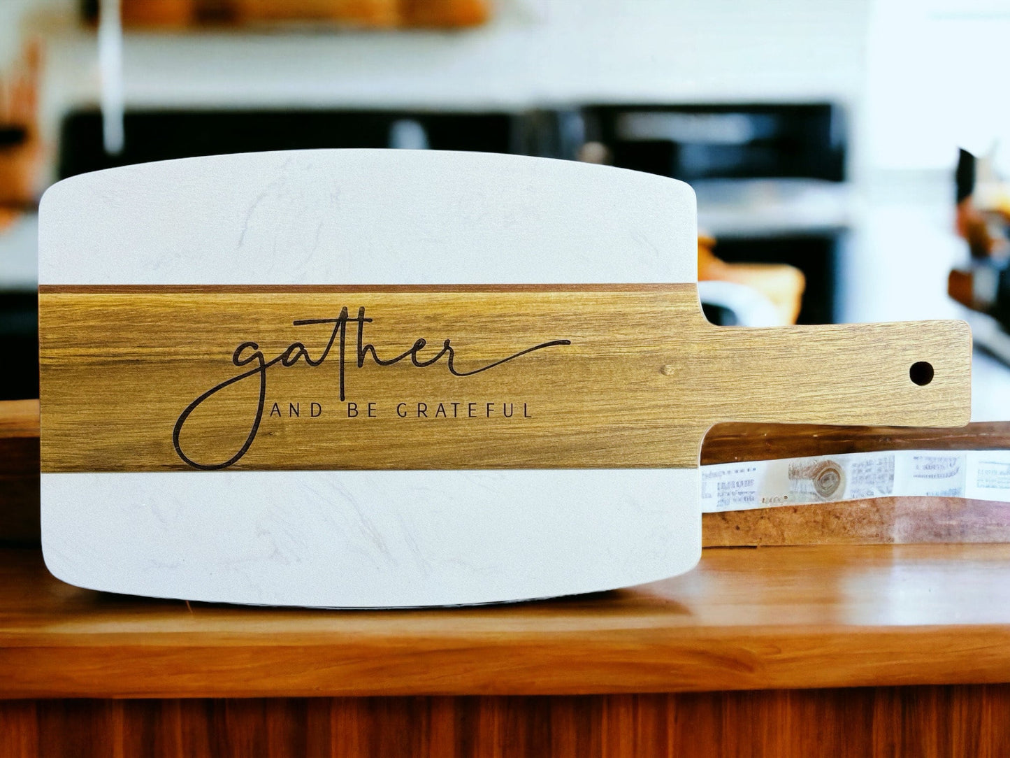 Gather and Be Grateful, Engraved Paddle Style Marble and Acacia Wood Serving Board, Housewarming gift, Charcuterie board, cheese board