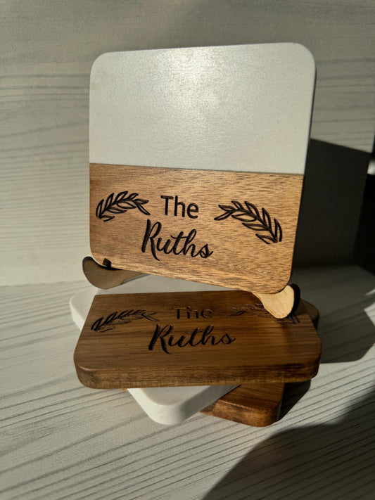 Personalized Coaster Set of 4, Marble and Acacia Wood, Wedding Gift, Housewarming, Home Decor, Entertaining