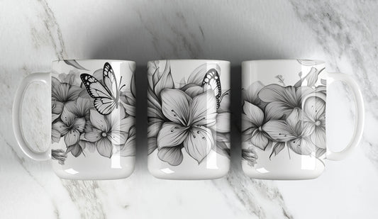 11oz Monochrome Floral Mug with Butterflies
